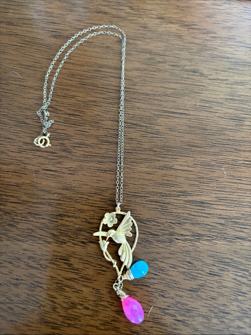 Gold Hummingbird Pendant Necklace with Pink & Turquoise Drops